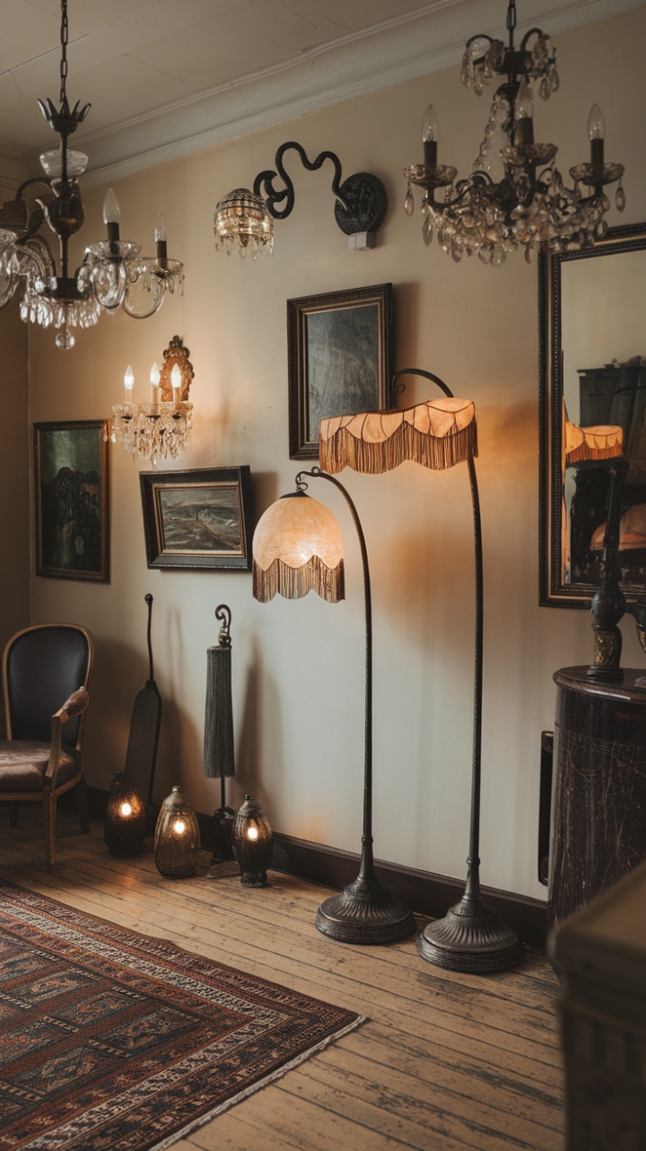 A charming vintage sanctuary, this room exudes timeless elegance through its carefully curated antique lighting fixtures. Multiple-arm chandeliers cast a warm, inviting glow, while a gracefully curved floor lamp with an ornate body and fringed shade adds a touch of romantic nostalgia. Decorative wall sconces with intricate designs complement the space, enhancing its historic charm. Rich wooden floors anchor the room, accented by a patterned rug that invites cozy gatherings. Artful paintings and a reflective mirror adorn the walls, creating a layered, sophisticated ambiance. A single chair completes the scene, offering a perfect spot for quiet reflection amidst the vintage allure.