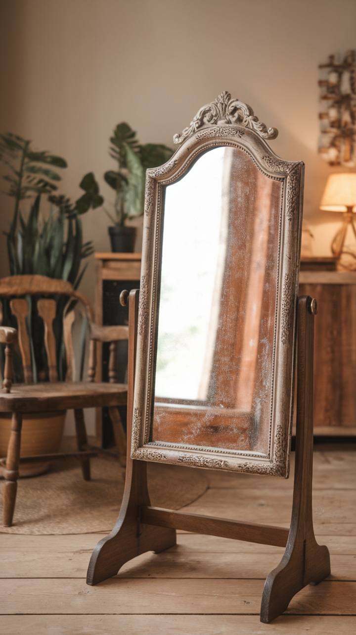 An exquisite vintage mirror with an intricately carved antique frame commands attention, its timeless elegance perfectly complemented by the warm, rustic charm of the surrounding decor. Resting on a sturdy wooden stand, the mirror reflects the cozy ambiance of a beige-walled room adorned with a simple wooden chair, lush greenery, and a softly glowing lamp. The rich wooden flooring and understated decor create a welcoming atmosphere that celebrates both history and natural beauty.