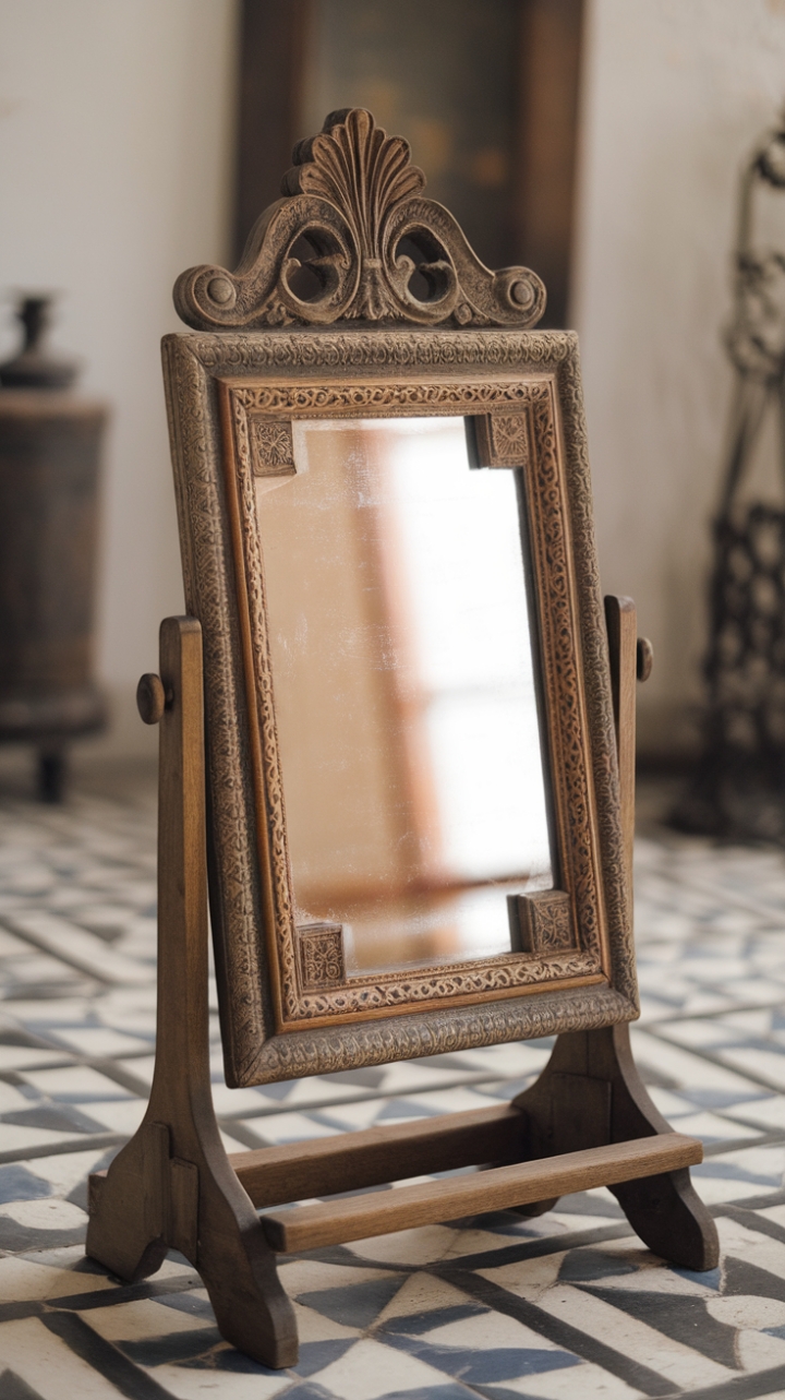 Unearth timeless elegance with this vintage mirror, its ornate frame a testament to bygone craftsmanship. The intricate carvings whisper tales of a glamorous past, while the wooden stand adds a touch of rustic charm. Perfect for adding a touch of old-world sophistication to any space.