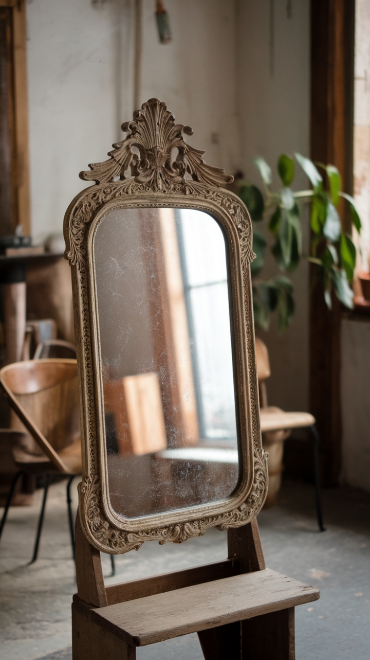 Ready to add a touch of timeless elegance to your space? This exquisite vintage mirror, with its beautifully ornate antique frame, is more than just a reflection – it's a piece of history. Resting on a charming wooden stand, it anchors a room steeped in rustic character. Imagine this beauty gracing your own home, nestled amongst your favorite finds, adding a whisper of the past to your present.