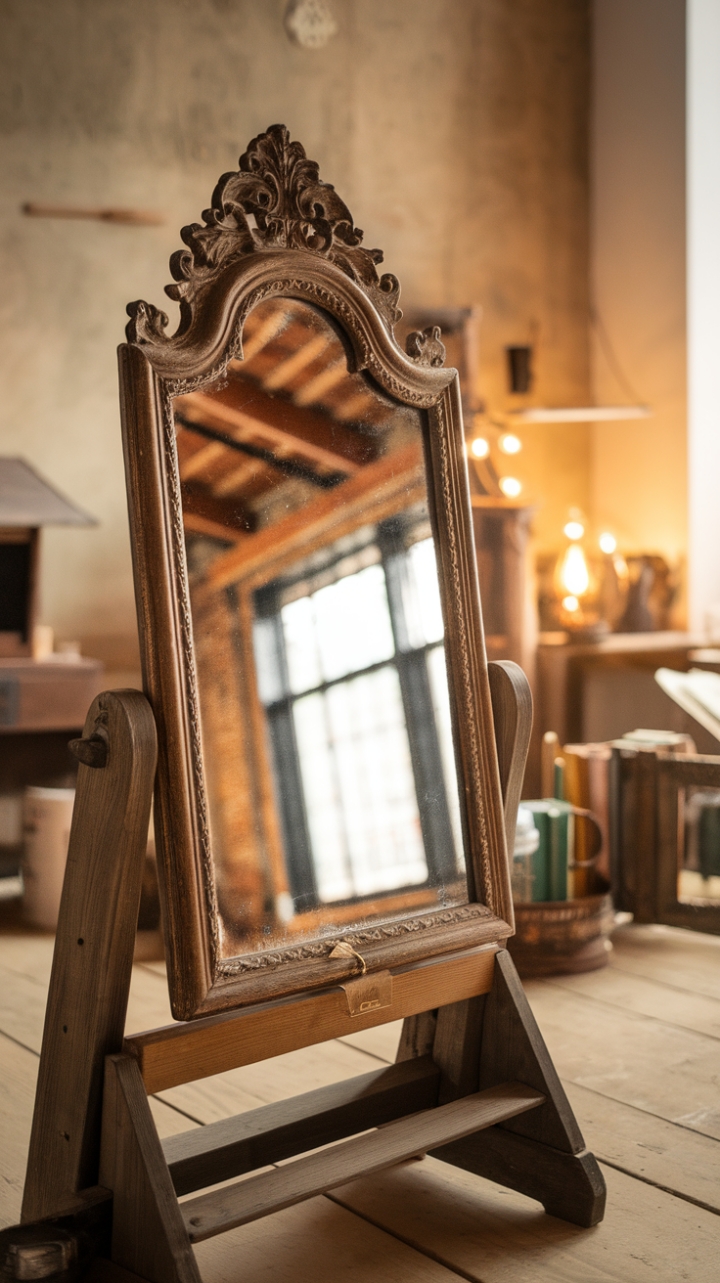Ready to add a touch of timeless elegance to your space? This exquisite vintage mirror, with its beautifully ornate antique frame, is a true statement piece. Resting on a charming wooden stand, it brings a sense of history and character to this rustic-inspired room. Surrounded by a curated collection of books and bathed in warm, inviting light, this mirror reflects not just your image, but the cozy, lived-in feel of a beloved home. The rich wooden floor and soaring ceiling complete the picture of a space designed for comfort and style.