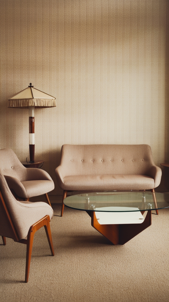 A chic mid-century modern living room exudes timeless elegance with its warm beige palette and vintage-inspired accents. The plush beige sofa with sleek wooden legs invites relaxation, complemented by matching chairs that create an inviting conversational nook. A glass coffee table with a crisp white base and wooden top anchors the space, adding a touch of sophistication. Subtle patterned beige wallpaper lends depth and texture to the walls, while a vintage-inspired lamp with a beige shade and wooden base casts a warm, ambient glow. The cozy beige carpet completes this harmonious retreat, blending comfort with classic style.