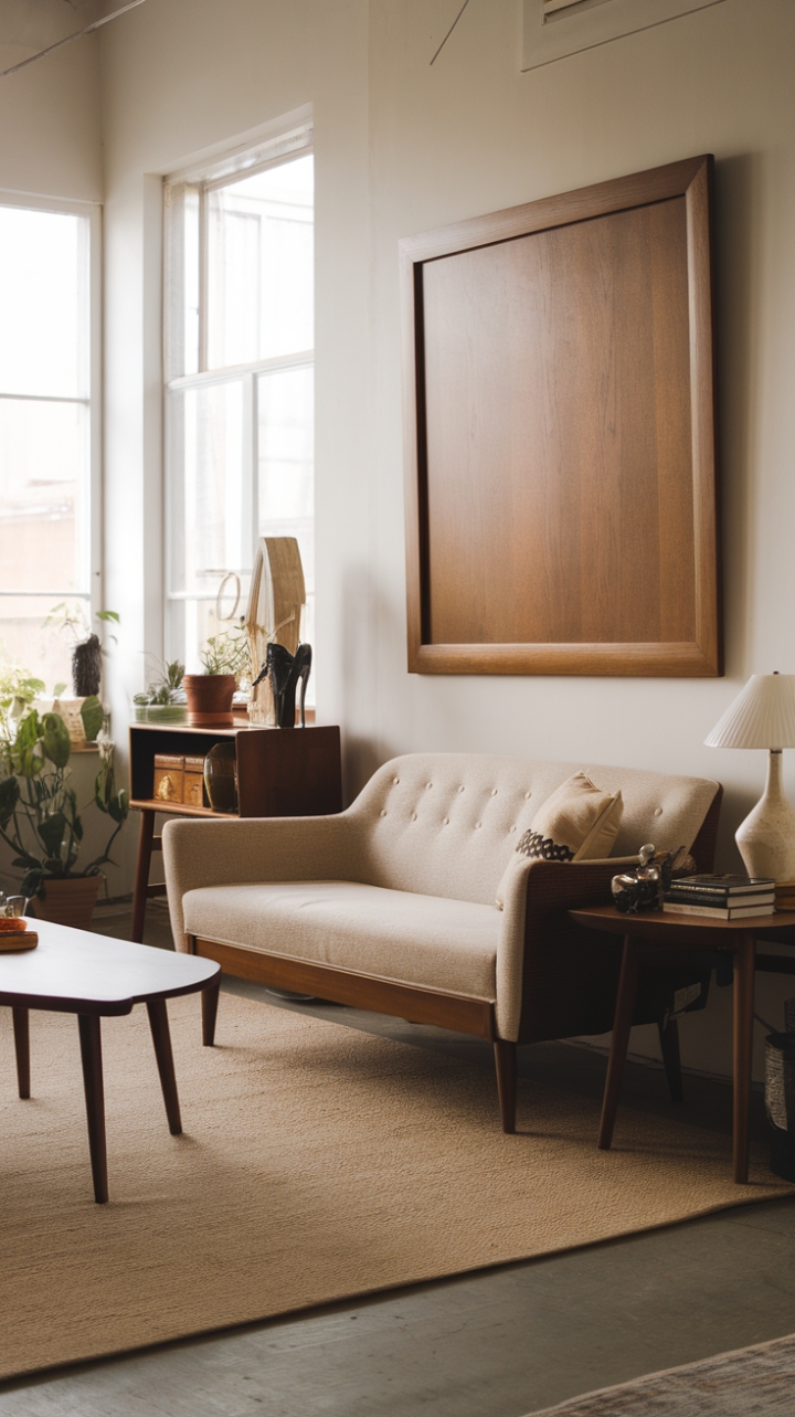 Step into a haven of refined comfort where mid-century modern elegance meets contemporary ease. A sun-drenched living room unfolds, showcasing a creamy beige sofa perched on graceful wooden legs, complemented by a sculptural round coffee table and the warmth of natural light streaming through expansive windows. Subtle textures and carefully curated accents create a space that's both effortlessly stylish and deeply inviting.