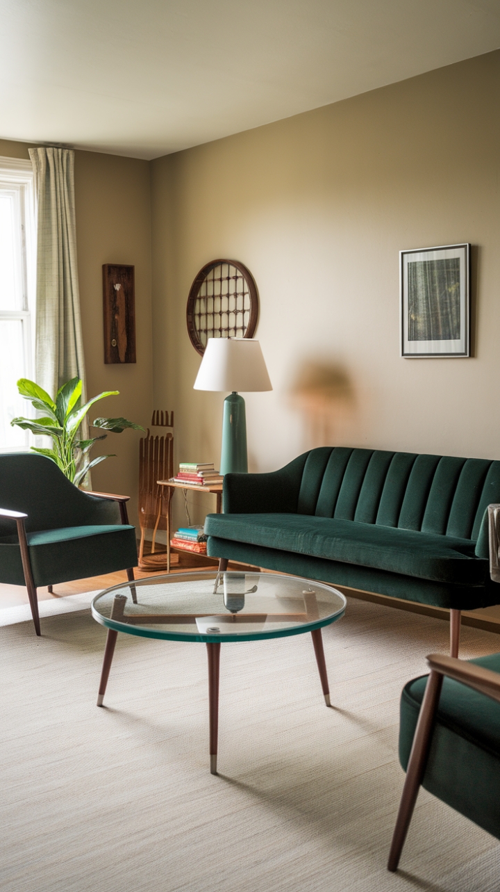 A sophisticated vintage-inspired living room exudes timeless charm through its mid-century modern aesthetic. The plush dark green velvet sofa and matching armchair anchor the space with rich, inviting hues, complemented by sleek wooden legs that add warmth and texture. A crisp white coffee table with a round glass top introduces a touch of elegance, while a coordinating side table and lamps with green shades create a cohesive, serene ambiance. Subtle decorative accents—like a lush green plant, a wooden magazine rack, and carefully curated books—enhance the room's cozy yet refined atmosphere. Beige walls serve as a neutral backdrop, allowing the rich greens and natural wood tones to shine, crafting a space that feels both stylish and comfortably lived-in.