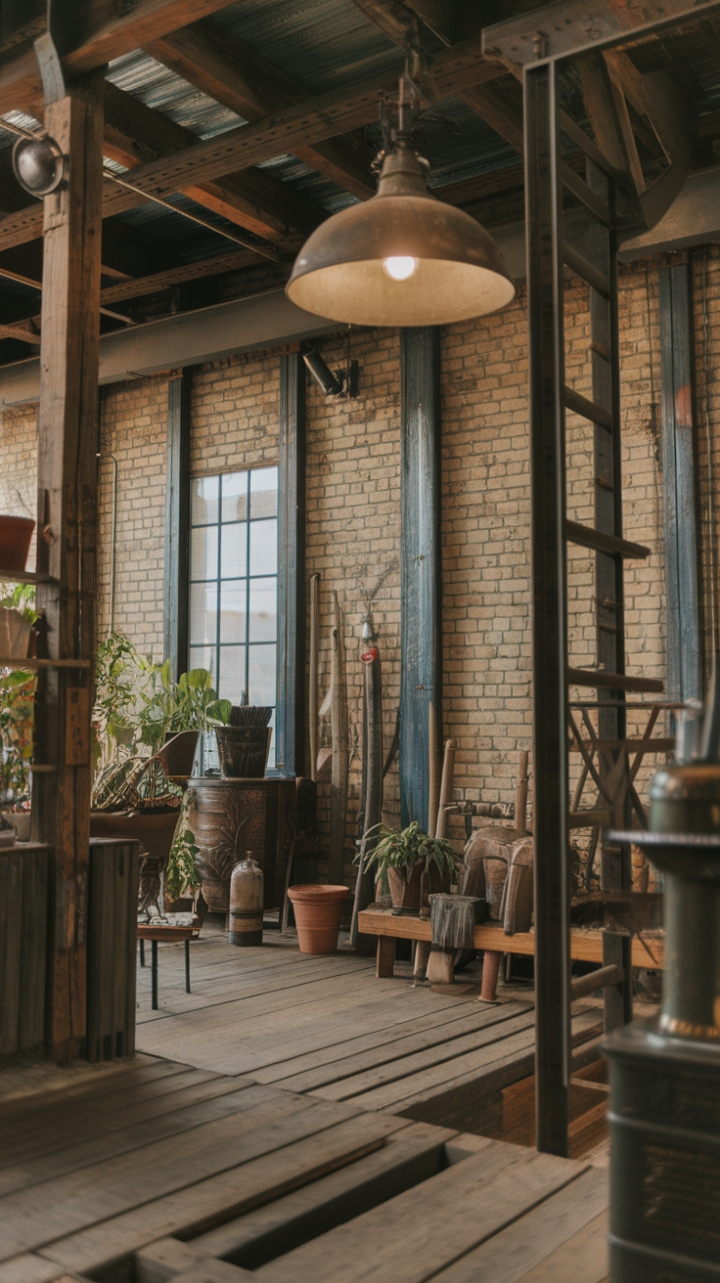 Ready to be transported? This vintage industrial haven is a masterclass in curated cool. Exposed brick and weathered beams tell stories of a bygone era, while a statement metal frame adds a touch of modern edge. The show-stopping vintage light fixture casts a warm glow, illuminating a collection of treasures – from a charming wooden ladder to lush greenery and intriguing vintage tools. The worn wooden floors underfoot complete the picture of a space that feels both authentic and utterly stylish.