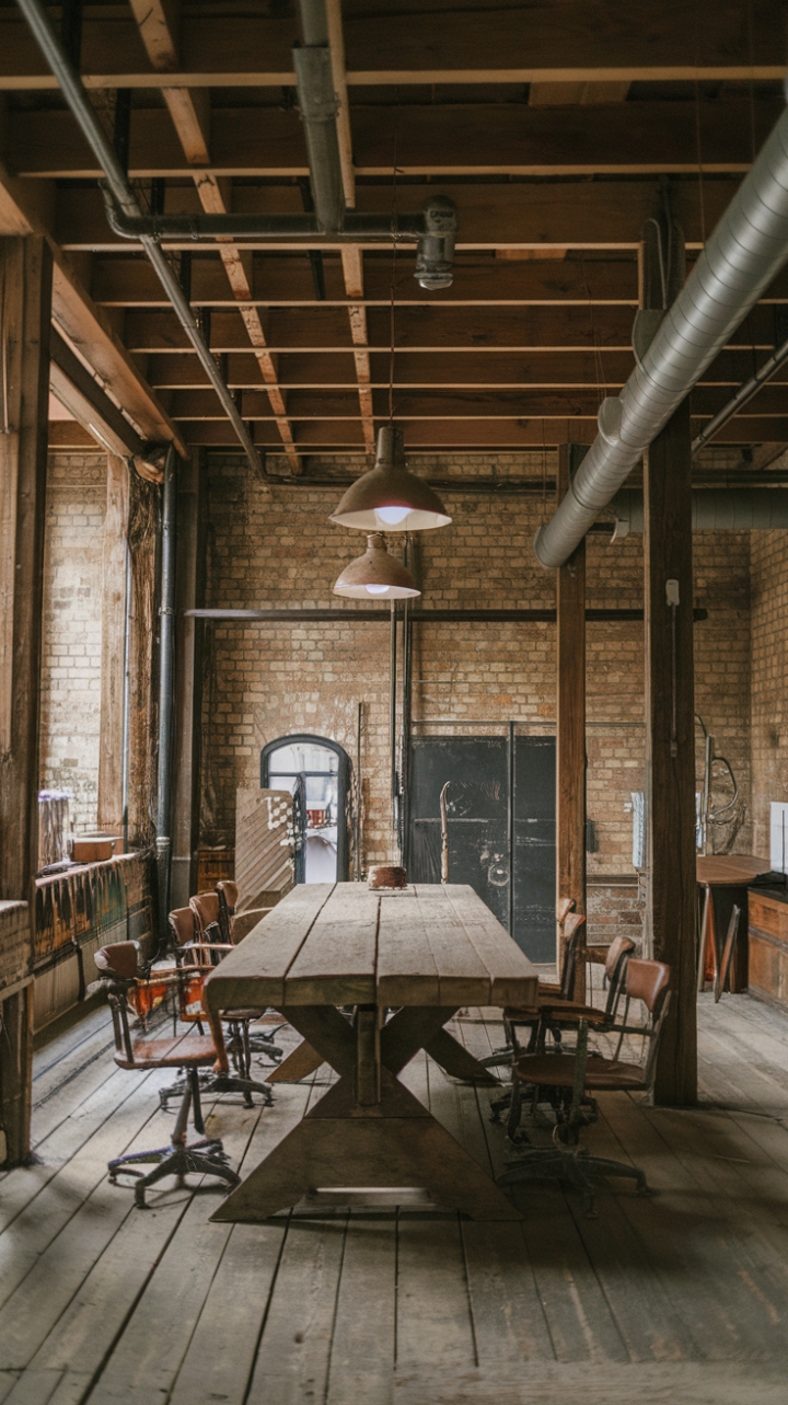 Step into this captivating vintage industrial haven where rugged charm meets timeless elegance. Exposed brick walls and weathered wooden beams create a warm, textured backdrop, while metal pipes add an authentic industrial edge. At the heart of the space, a substantial rustic wooden table invites gatherings and creative pursuits, surrounded by vintage-inspired metal chairs that blend functionality with character. A vintage light fixture casts a warm, inviting glow, highlighting the worn wooden floorboards that tell stories of years past. This space embodies a perfect harmony of raw materials and nostalgic design, offering a cozy yet stylish retreat that celebrates industrial history with a rustic soul.