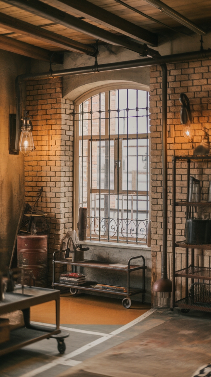 A captivating blend of vintage industrial charm and rustic warmth, this room exudes character with its exposed brick walls and wooden beam ceiling. The large window with iron bars floods the space with soft, inviting light, highlighting the rich earthy tones of beige, brown, and orange. Industrial accents—such as a vintage lantern, a pipe shelf, and a sleek metal cart—add a touch of rugged sophistication. Warm lighting creates an intimate ambiance, making this space a perfect sanctuary of timeless style and cozy elegance.