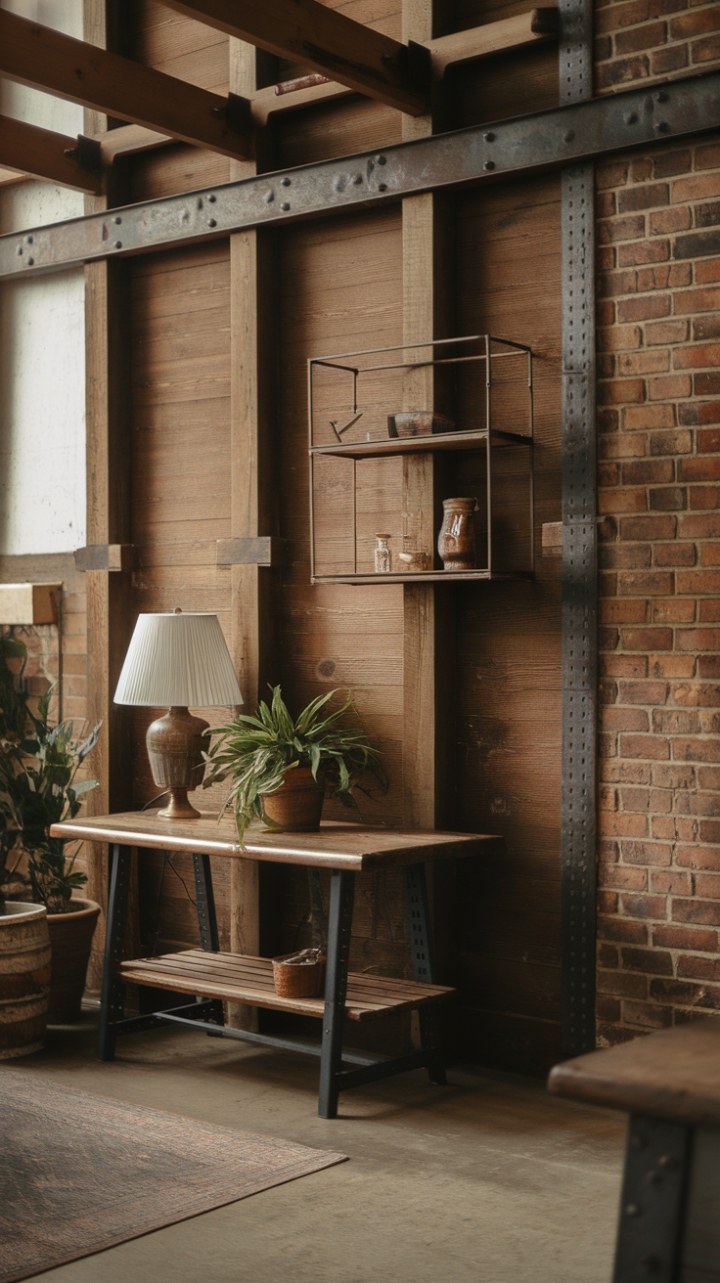 A captivating blend of vintage industrial charm and cozy warmth, this space features rugged wooden beams and exposed brick walls that evoke timeless character. Rustic metal accents add an edgy touch, while the wooden table with its crisp white lampshade creates a inviting focal point. A lush potted plant introduces a splash of greenery, balancing the raw textures with life and freshness. The metal wall shelf displays curated accessories, enhancing the room’s curated aesthetic. Anchored by a textured rug, the earthy tones and layered materials craft a welcoming retreat that celebrates both history and comfort.