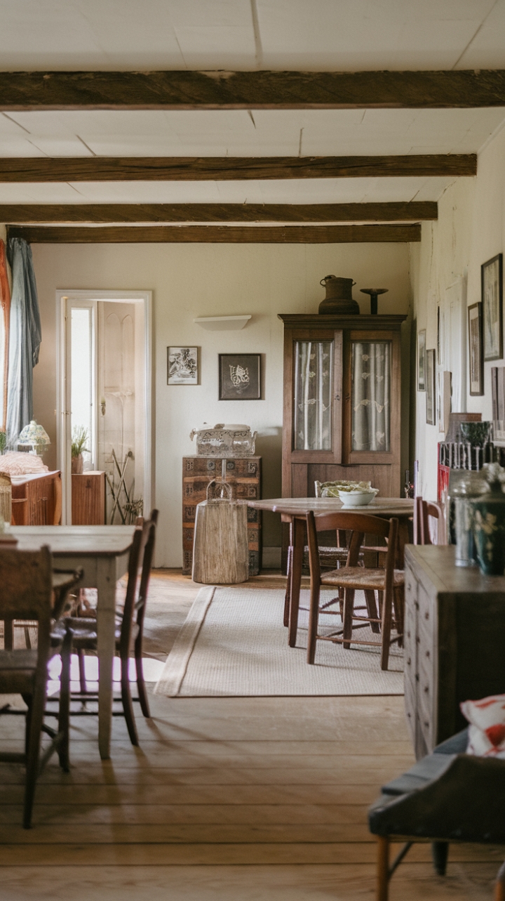 Escape to the countryside in this idyllic farmhouse, brimming with rustic charm and vintage appeal. A beautifully preserved wooden table anchors the space, surrounded by antique chairs and a captivating cabinet. Every detail, from the aged wood floors to the carefully chosen wall art, speaks to a life lived simply and beautifully. This is more than just a home; it's a timeless haven.