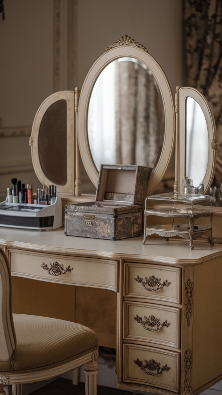 Step into Old Hollywood glamour with this vintage vanity set, a symphony of ornate details and shimmering reflections. The antique dressing table, complete with a captivating cosmetic mirror, is perfectly complemented by a retro makeup station and a charming vintage jewelry box, all nestled within a room that whispers timeless elegance.