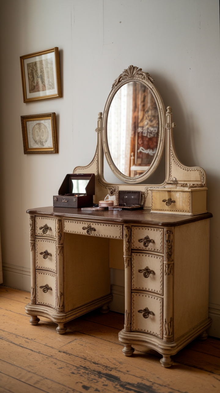 Step into Old Hollywood glamour with this vintage vanity set, its ornate details whispering tales of bygone elegance. The antique mirror reflects not just your image, but a timeless style, perfectly complemented by the aged wood floor and curated collection of art and accessories. A touch of faded grandeur, perfectly imperfect.