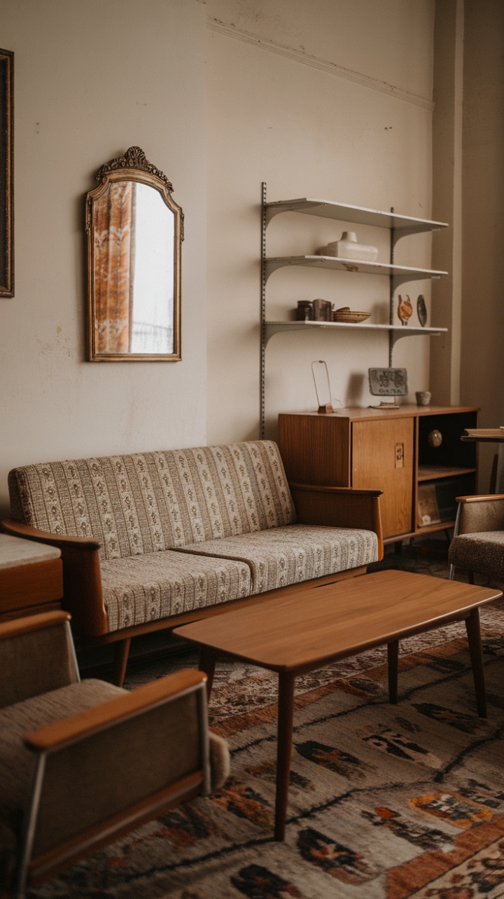 Ready for a trip down memory lane? This room is a masterclass in curated nostalgia, where every piece tells a story. A mid-century modern sofa, clad in a captivating pattern, anchors the space, inviting you to sink in and stay awhile. A warm wooden coffee table sits ready for your favorite reads or a steaming cup of tea. Behind the sofa, a thoughtfully styled shelf displays treasures collected over time, each item adding to the room's rich narrative. On the wall, a vintage mirror with a gleaming gold frame reflects the room's charm, amplifying its retro appeal. Below, a patterned rug ties it all together, adding another layer of texture and visual interest. This is more than just a room; it's a feeling, a warm embrace of the past, beautifully brought to life.