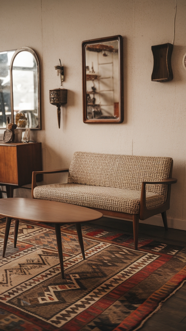 Ready for a trip back in time? This room is a masterclass in curated nostalgia. A classic mid-century modern sofa, with its elegant wooden frame and captivating patterned fabric, anchors the space. A charming round wooden coffee table sits ready for your favorite design books. Look closer and you'll discover a story on the walls – a beautiful vintage mirror reflects the room's character, while carefully chosen antique decor pieces add layers of history. Below, a vintage geometric rug ties it all together, creating a warm and inviting atmosphere that feels both timeless and utterly chic.