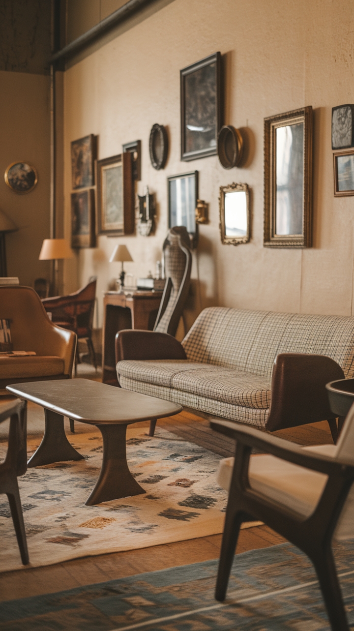 A charming sanctuary where vintage elegance meets nostalgic warmth, this room showcases a mid-century modern sofa with a timeless checked pattern, complemented by a gracefully curved coffee table that invites conversation. Antique frames and decorative accents adorn the walls, adding layers of history and character, while a richly patterned rug grounds the space with cozy sophistication. Additional chairs and a stylish lamp enhance the inviting atmosphere, creating a perfect retreat filled with timeless allure and warm, nostalgic charm.