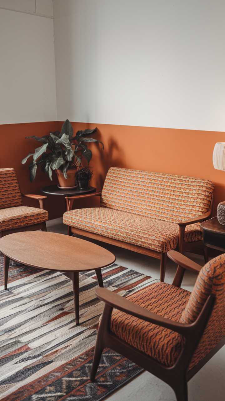 Embrace the retro revival! This living room's playful color palette—a spirited blend of white and orange—is anchored by a stunning mid-century modern sofa and armchair, upholstered in a captivating orange and blue patterned fabric. The carefully chosen accessories and a lush potted plant complete the look, creating a space that's both effortlessly chic and brimming with personality.