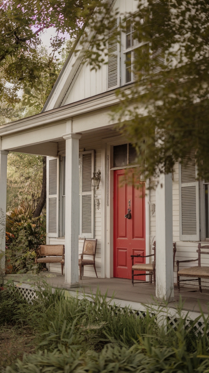 A charming vintage house with a vibrant red door exudes timeless appeal, its classic architecture accented by elegant white columns and a welcoming wooden porch. Surrounded by lush greenery, the scene radiates serenity and nostalgic warmth. Antique furniture pieces on the porch add a touch of history and character, inviting a sense of cozy, bygone days.