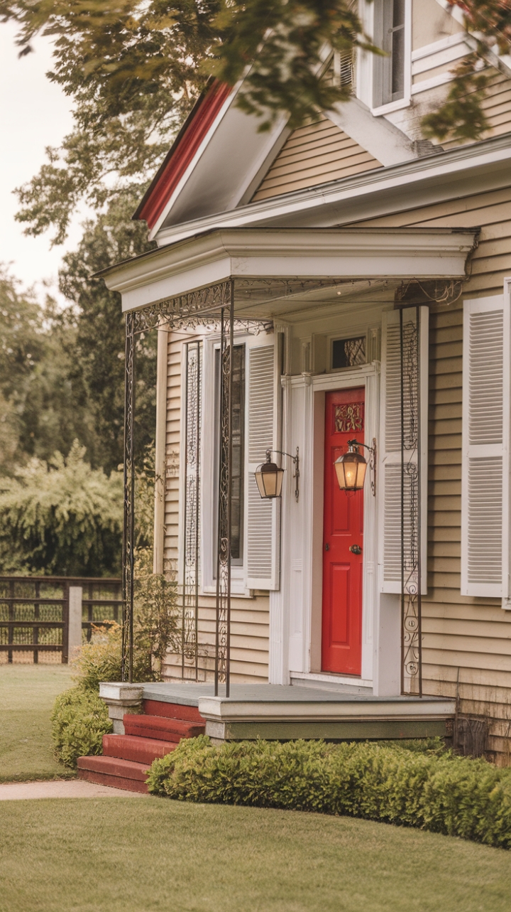Ready for a dose of classic charm? This vintage beauty, with its welcoming red door and crisp white shutters, is a picture of timeless elegance. The intricate ironwork on the porch and the stately lanterns on the pillars add a touch of refined detail, hinting at the history held within these walls. Surrounded by a perfectly manicured lawn and lush greenery, it's a serene escape. The warm, inviting hue of the photo only enhances the feeling of stepping back in time to a place of enduring style.