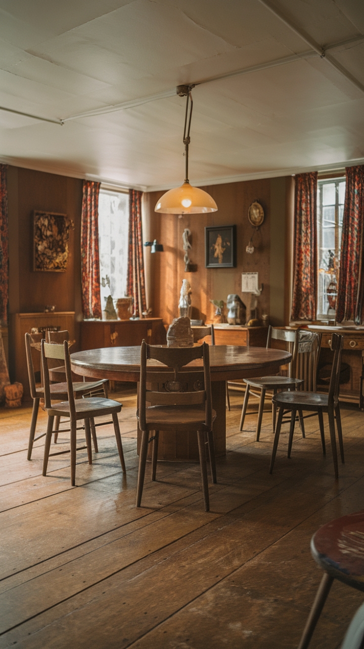 Step back in time with this vintage dining room, where the warmth of antique wood and the glow of inviting light create a space perfect for cherished gatherings. The rich patina of the furniture whispers stories of bygone eras, while decorative accents add a touch of playful nostalgia. Prepare for unforgettable evenings in this effortlessly chic and timeless setting.
