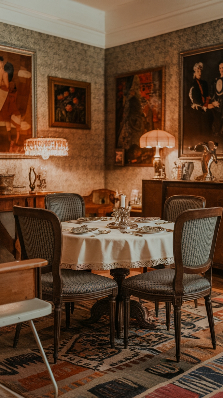 Indulge your senses in this exquisitely curated vintage dining room. From the antique dining chairs and classic table setting to the captivating artwork and patterned rug, every detail whispers stories of bygone eras. The warm lighting casts a magical glow, transforming this space into a haven of refined beauty and nostalgic charm.