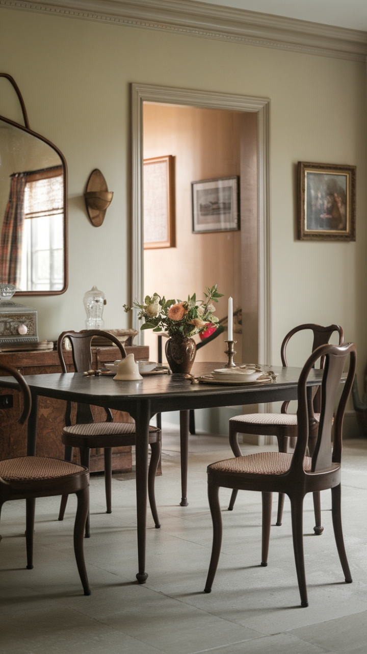 A charming vintage dining room exudes timeless elegance with its rich dark wood table adorned with a delicate vase of fresh flowers and a flickering candle, inviting intimate gatherings. Antique chairs with gracefully curved backs and high backrests surround the table, adding an air of sophistication and history. Light-colored walls, decorated with a mirror and a captivating painting, reflect soft natural light, enhancing the room’s warm, nostalgic ambiance. The light-toned tiled floor grounds the space, creating a perfect balance between classic charm and inviting comfort.