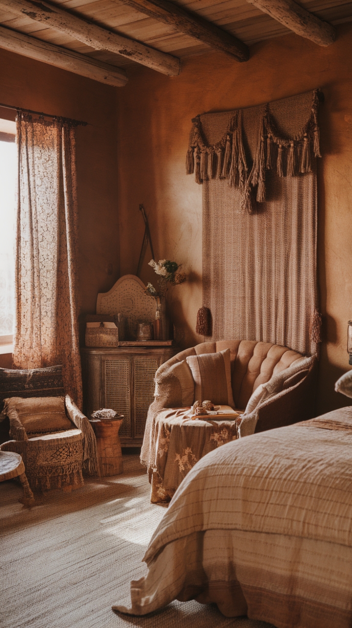 Escape to a sanctuary of serene beauty in this retro-inspired bedroom. Warm, natural tones blend seamlessly with antique furnishings and richly textured textiles, creating a bohemian haven that's both rustic and refined. Reclaimed wood adds a touch of soulful history, while the overall ambiance invites relaxation and peaceful slumber.