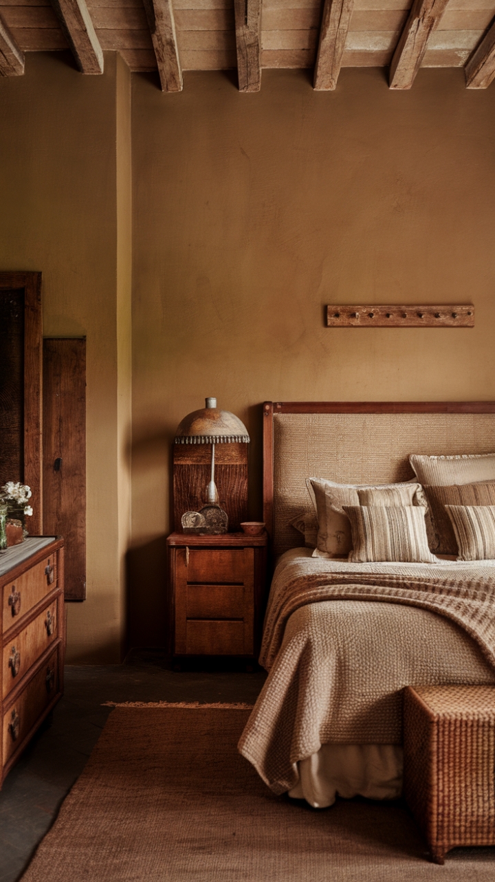A cozy vintage retreat bathed in warm beige tones, this earthy bedroom exudes rustic charm. The antique wooden headboard, paired with textured fabric bedding, invites relaxation amid its nostalgic ambiance. A vintage lamp casts a soft glow, enhancing the room’s retro appeal, while a patterned rug adds layers of comfort and character to the wooden floor. This space beautifully balances timeless elegance with inviting simplicity, creating a sanctuary that feels both nostalgic and welcoming.