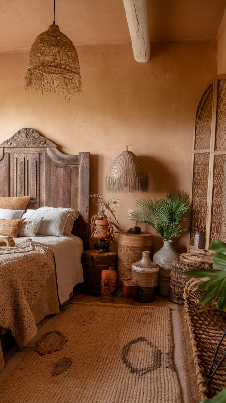 Unwind in this earthy vintage bedroom, where rustic elegance meets bohemian spirit. Natural textures and a warm color palette create a sanctuary of calm. An antique headboard anchors the space, complemented by a retro lamp, woven accents, and carefully curated vintage finds. Pure, cozy perfection.
