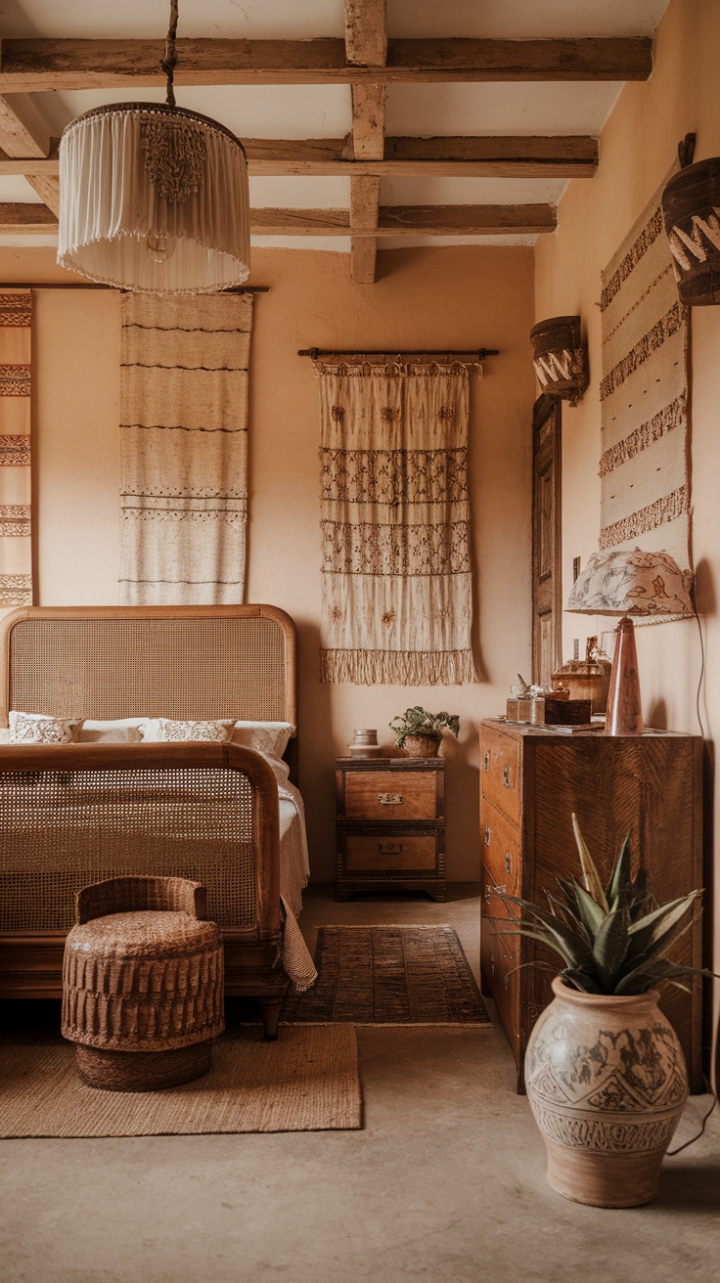 A charming vintage bedroom exudes timeless warmth with its rustic decor and inviting natural palette. The wooden bed, featuring a woven headboard, anchors the space with its handcrafted appeal, complemented by an antique dresser that adds character and history. Textured textiles adorn the walls, creating a cozy, layered ambiance, while a richly patterned lampshade casts a soft, nostalgic glow. The floor is warmed by a plush rug, inviting barefoot comfort, and a ceramic plant pot introduces a touch of organic serenity. Retro elements blend seamlessly with rustic charm, crafting a space that feels both nostalgic and welcoming.