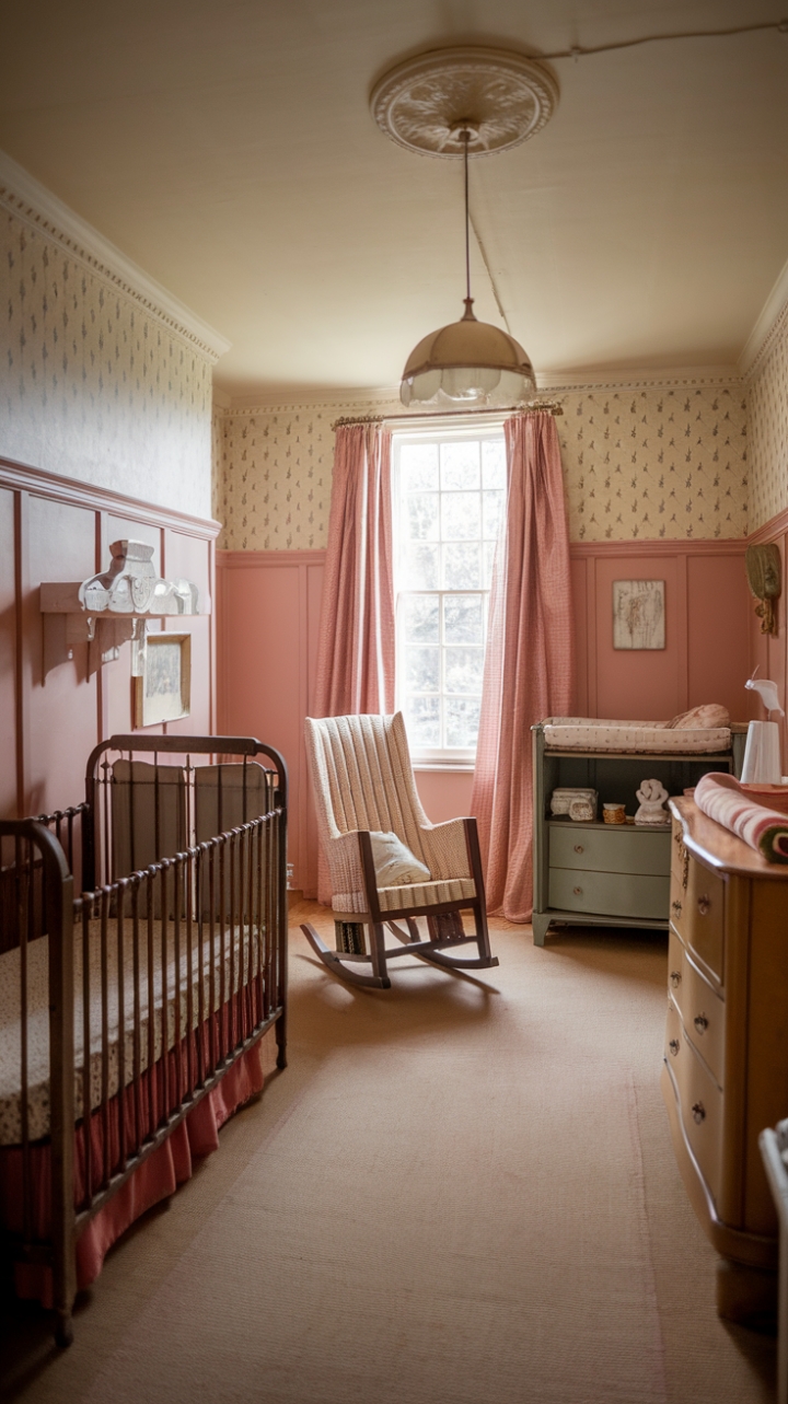 A charming vintage nursery bathes in soft beige and blush pink hues, where timeworn wooden furniture and delicate antique accents create a nostalgic haven. The vintage crib, with its intricate detailing, invites sweet dreams, while the rocking chair offers a cozy spot for gentle lullabies. Classic nursery essentials—changing table and dresser—blend seamlessly into the shabby chic aesthetic, complemented by vintage wallpaper and a charming hanging lamp that cast a warm, inviting glow. This enchanting space exudes timeless elegance and nostalgic comfort, perfect for creating cherished memories.