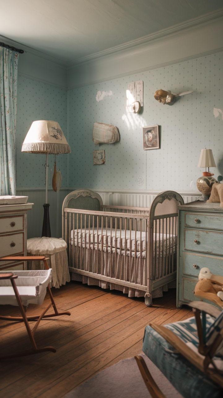 Embrace the enchantment of yesteryear in this exquisitely styled vintage nursery. A lovingly restored antique crib anchors the space, its timeless design complemented by a delightful shabby chic dresser and a comforting rocking chair. Light blue polka dot wallpaper sets a whimsical tone, while the soft glow of a vintage lampshade casts a warm, inviting light. The addition of a white bassinet and the rustic charm of the wooden floorboards create a truly nostalgic and unforgettable nursery, brimming with character and old-world charm.