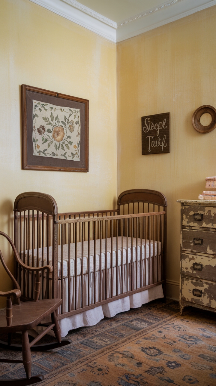 Embrace the nostalgic allure of this vintage nursery, where faded grandeur meets modern comfort. A classic crib takes center stage, its white linens a stark contrast to the soft yellow walls and the aged wooden dresser, its imperfections telling tales of cherished memories. A rocking chair promises soothing lullabies, while antique accents, including a delicate needlepoint and a charming "SLEEP TIGHT" sign, complete the idyllic scene. The patterned rug adds a final touch of whimsical charm to this perfectly imperfect space.