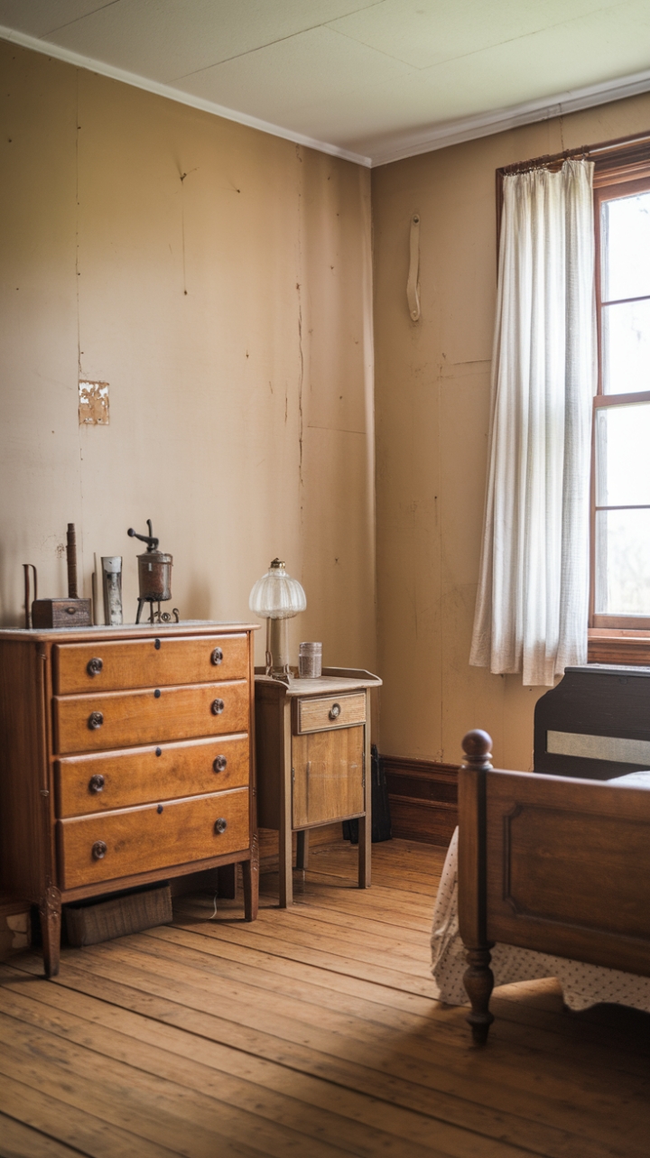 Ready to be transported to a place of timeless charm? This vintage bedroom whispers stories of days gone by, a perfect blend of rustic warmth and shabby chic elegance. Imagine sinking into that antique wooden bed, the worn patina of the wood a testament to its history. The dresser and nightstand, each piece a treasure, hold curated items that add a touch of personal history. Soft beige walls, bearing the gentle marks of time, create a calming backdrop, while the vintage lamp casts a warm glow. Sunlight filters through the white curtains, illuminating the beautiful wooden floor. It's a space that feels lived-in, loved, and utterly enchanting.