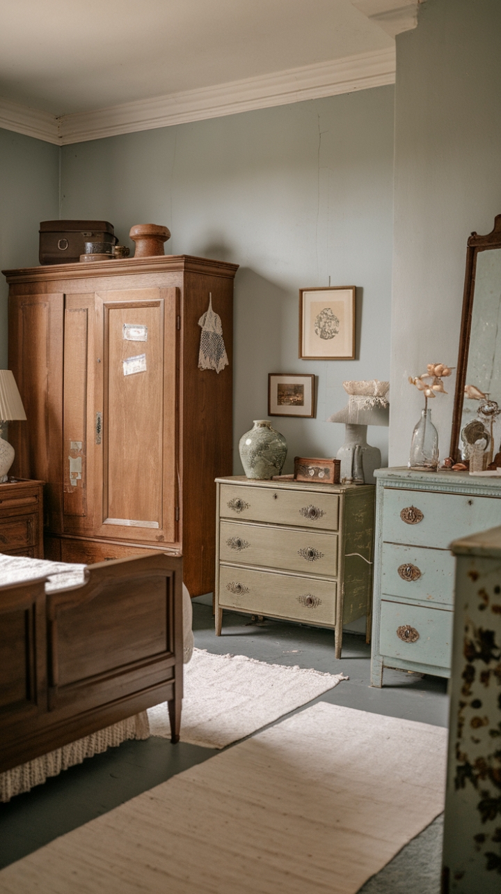 Escape to a sanctuary of serene beauty. This rustic bedroom, bathed in soft blue light, showcases the timeless allure of antique furniture and delicate shabby-chic accents. A white rug anchors the space, inviting you to sink into the nostalgic ambiance and rediscover the charm of simpler times.