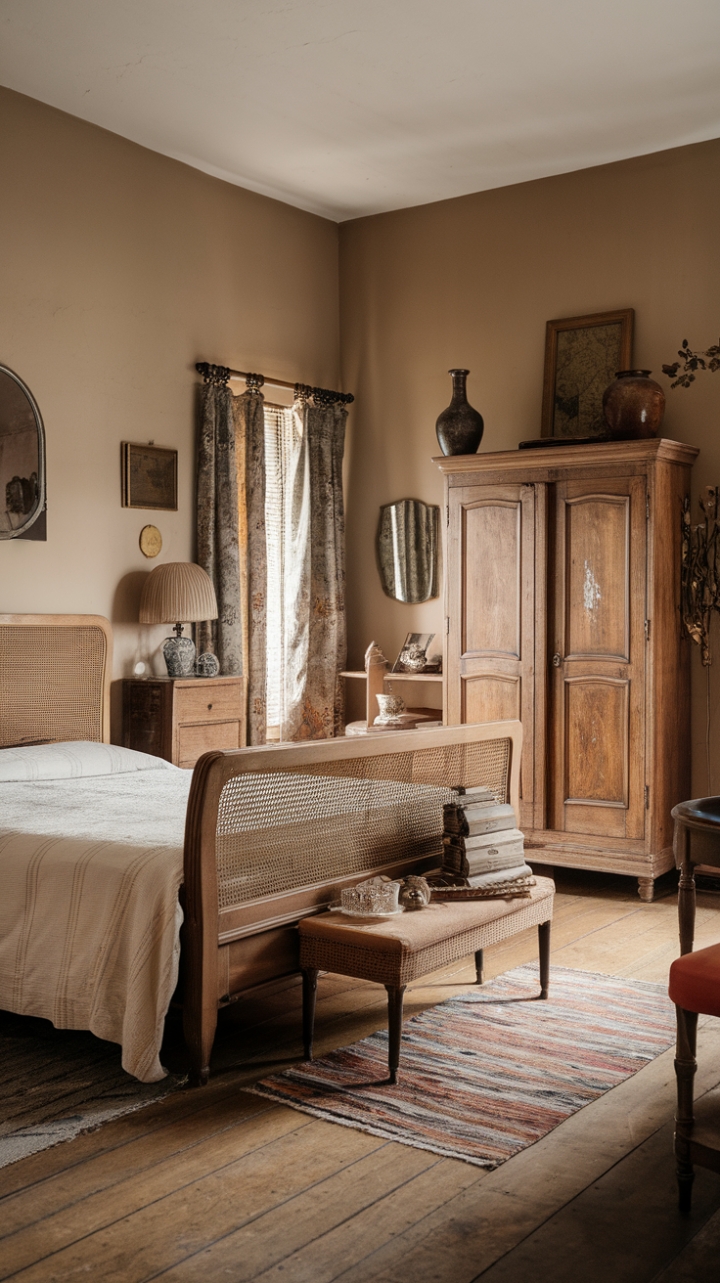 Step into a haven of nostalgic charm where rustic elegance meets shabby-chic sophistication. This vintage bedroom, bathed in warm, natural light, whispers tales of bygone eras with its weathered wooden floors, antique furnishings, and a handcrafted woven headboard that anchors the space. The creamy white bedding adds a touch of modern serenity, while carefully curated antique accents—a delicate vase, a softly glowing lamp, and an ornate mirror—complete the narrative of heritage and timeless beauty.