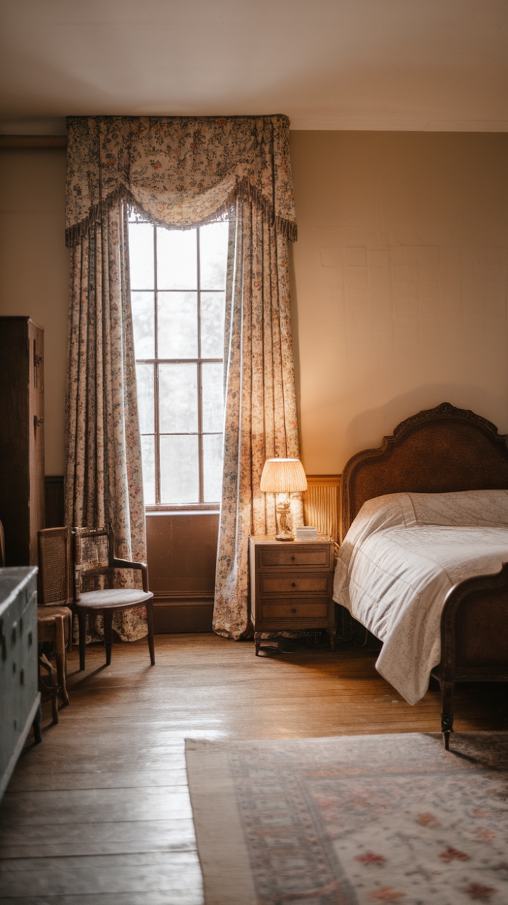 Step into a bygone era of whispered secrets and sun-drenched mornings. This vintage bedroom, a haven of rustic charm and shabby-chic elegance, boasts a symphony of textures and tones. The aged wooden floors creak a gentle welcome beneath your feet, while a floral curtain dances in the light streaming through the large window. A weathered wooden bed, draped in crisp white linens, invites peaceful slumber, complemented by a vintage nightstand and a warm glow from a bedside lamp. Every detail, from the antique chair to the heritage cabinet, whispers tales of a time gone by, creating an atmosphere of unparalleled warmth and coziness.