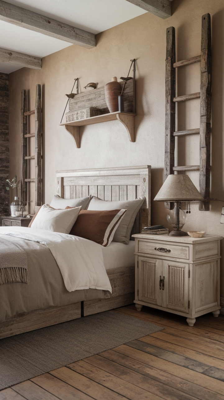 Step into a world of vintage charm and rustic romance. This bedroom's distressed wood furniture, complemented by a soft white duvet and brown pillows, evokes a sense of cozy comfort. The wooden ladder, wall shelf, and vintage lamp add character and personality, creating a space that's both inviting and beautifully styled. A perfect blend of old-world charm and modern serenity.