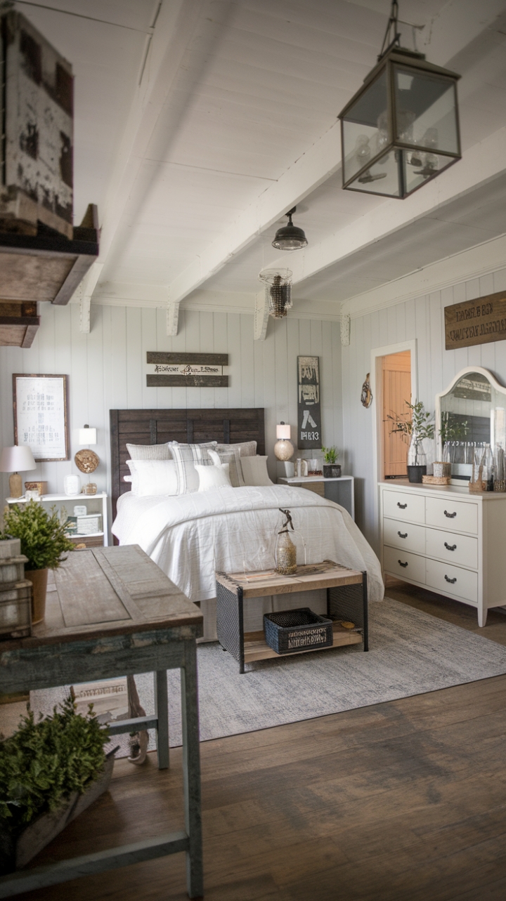 Step into the heart of rustic charm with this vintage farmhouse bedroom. A queen-size bed, adorned with crisp white linens and a dark wood headboard, anchors the space. Distressed wood accents, a whimsical lantern, and carefully curated décor create a haven of cozy elegance, perfect for quiet contemplation or restful slumber. The room's gentle glow and thoughtful details whisper tales of simpler times, inviting you to unwind and embrace the beauty of imperfection.