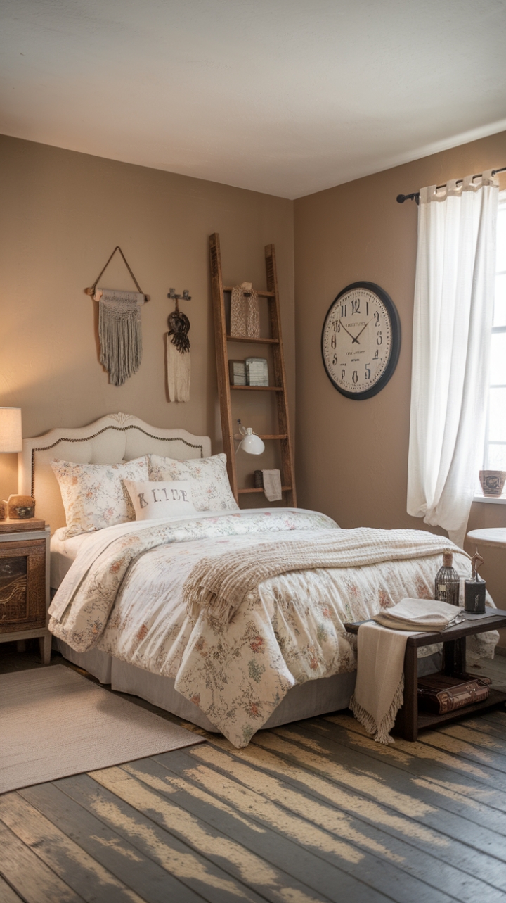 A charming vintage farmhouse bedroom exudes warmth and nostalgia, where rustic decor elements create an inviting sanctuary. The queen-sized bed, adorned with a floral comforter and plush pillows, invites restful retreats amid its cozy embrace. Soft beige walls and a flowing white curtain frame the window, bathing the space in gentle natural light. The distressed wood flooring adds character and authenticity, while thoughtfully curated accents—a wooden ladder, a large wall clock, and hanging decorative pieces—enhance the room’s rustic charm. This space radiates comfort and timeless appeal, perfect for unwinding in style.