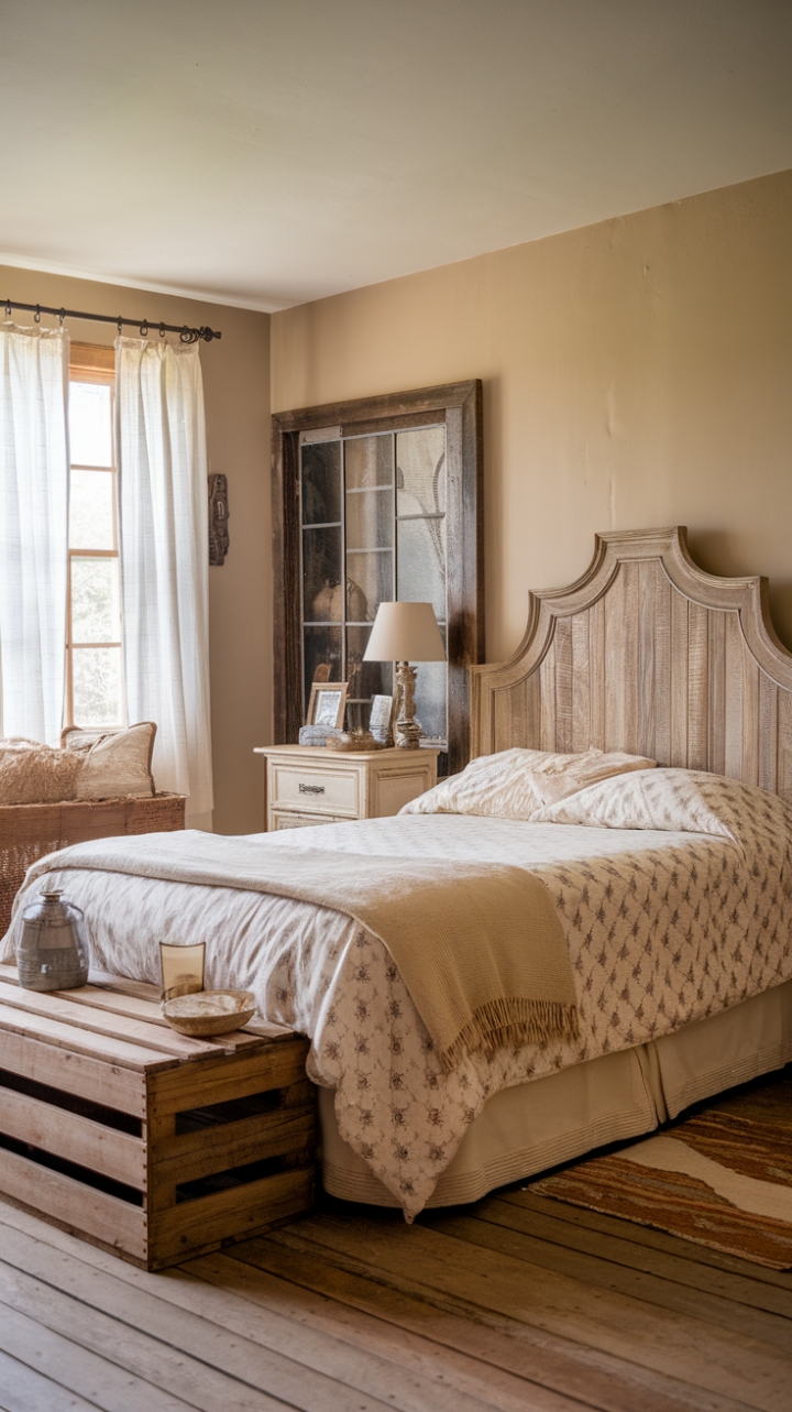 Escape to the countryside in this idyllic bedroom, where vintage farmhouse style meets modern comfort. A queen-size bed with a beautifully patterned duvet sits center stage, complemented by a distressed wood headboard and nightstand. Rustic details, like the wooden crate at the foot of the bed, add to the room's captivating charm and create a space that's both inviting and effortlessly stylish.