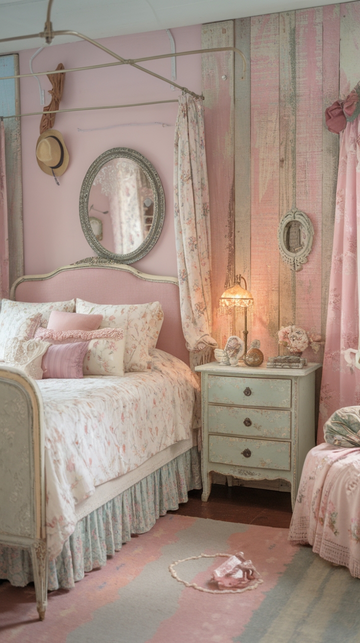 Step into a haven of vintage charm and delicate beauty. This shabby chic bedroom, bathed in a pastel dream, whispers tales of bygone eras with its distressed floral bed, antique mirror, and reclaimed wood walls. Feminine touches, like a decorative pillow and a whimsical vintage hat, add a playful touch to the romantic atmosphere.