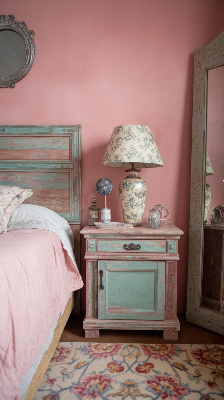 Escape to a dreamy boudoir where vintage whispers meet modern comfort. Pastel pink walls embrace a distressed wooden headboard and nightstand, creating a serene backdrop for a curated collection of cherished finds. A vintage lamp with a floral pattern adds a touch of whimsical romance, while a floral rug and carefully chosen decorative items complete this effortlessly chic and utterly captivating space.
