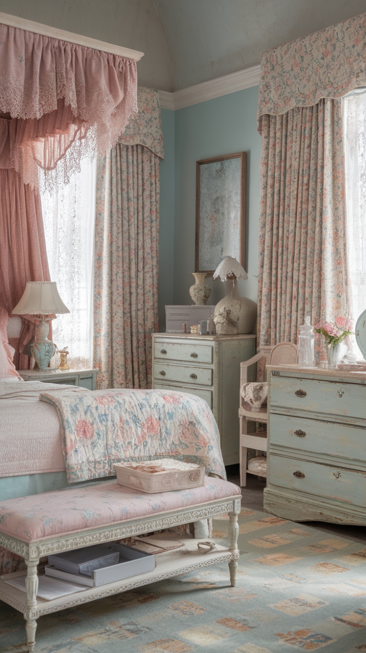Escape to a dreamy bedroom where vintage elegance meets modern comfort. Soft blues and floral motifs dance across the walls and textiles, creating a serene and inviting space. Distressed furniture, antique accessories, and delicate lace details add layers of texture and charm, transforming this room into a sanctuary of feminine grace.