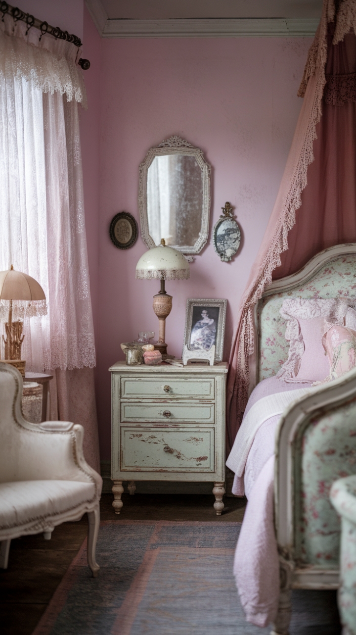 Escape to a dreamy bedroom where vintage romance meets modern comfort. Soft pastels and distressed furniture create a captivating shabby chic aesthetic. A floral-patterned bed takes center stage, complemented by a rustic nightstand holding a vintage lamp and framed artwork. Antique decor, including a charming mirror and delicate lace, adds layers of texture and personality. The overall effect is a space that's both incredibly stylish and wonderfully cozy, a perfect retreat for the soul.