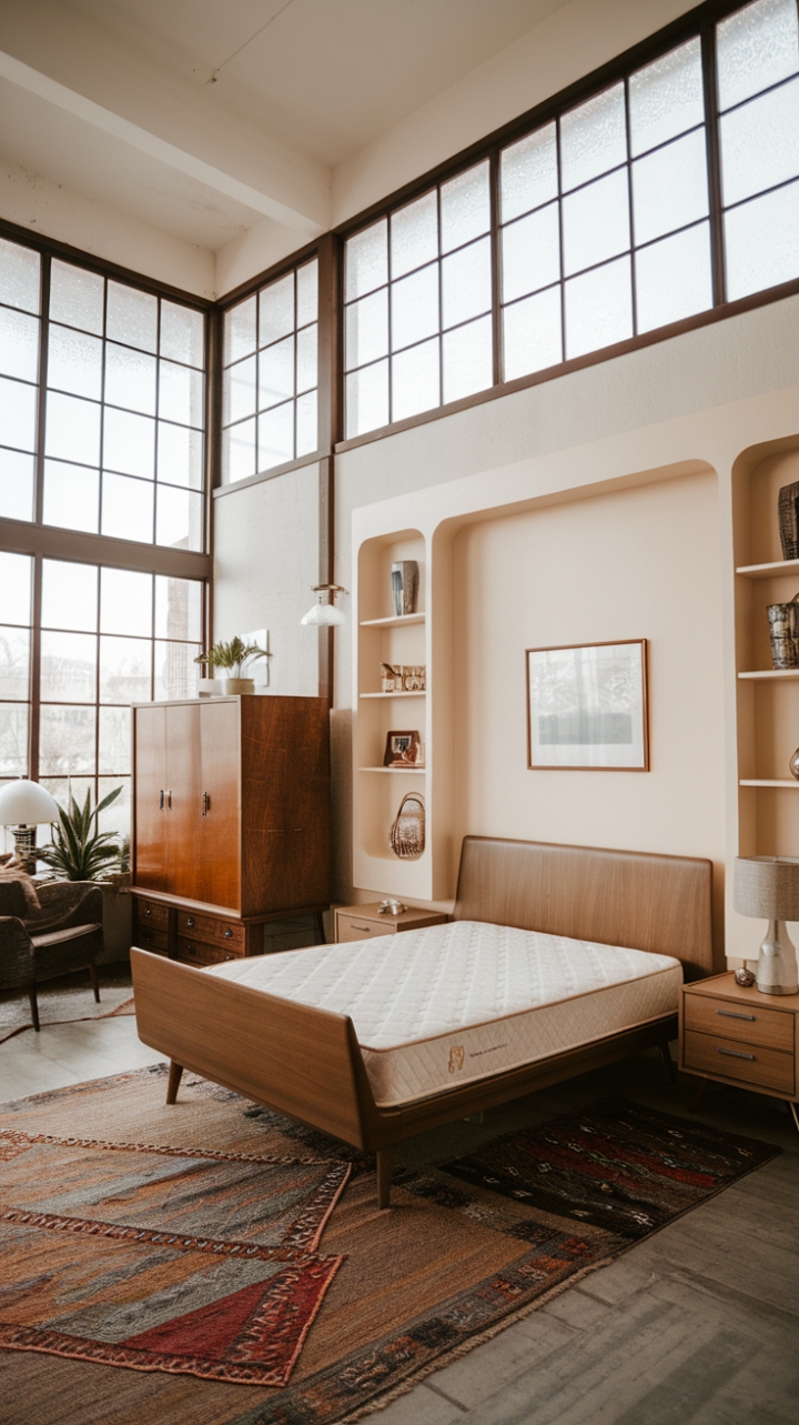 Ready for a bedroom that feels both fresh and familiar? This modern vintage sanctuary nails the mid-century modern vibe with soaring ceilings and expansive windows that flood the space with natural light. A vintage-inspired wooden bed frame, topped with a crisp white mattress, is the inviting centerpiece, nestled against a wall of chic built-in shelves. A classic vintage wardrobe and a stylish nightstand complete the sleeping zone, while a textured rug grounds the room. Thoughtful decorative touches, like a sleek lamp and a touch of greenery, add personality to the light-colored walls, creating a space that's both serene and stylish.