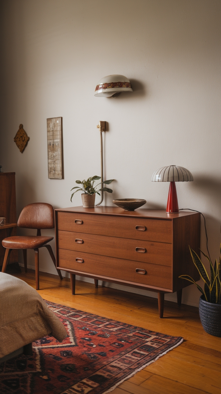 Ready to swoon? This bedroom is a masterclass in modern vintage charm! We're obsessed with the way this mid-century modern dresser anchors the space, its clean lines a perfect counterpoint to the playful retro vibes. The curated vignette on top – a stylish lamp, a chic bowl, and a touch of greenery – feels perfectly lived-in and loved. And that vintage chair? The ideal spot to curl up with a good book. Grounding it all is a fabulous vintage rug, adding warmth and texture underfoot. Don't even get us started on that vintage-inspired light fixture and the artful wall decor – they're the perfect finishing touches to this dreamy retreat.