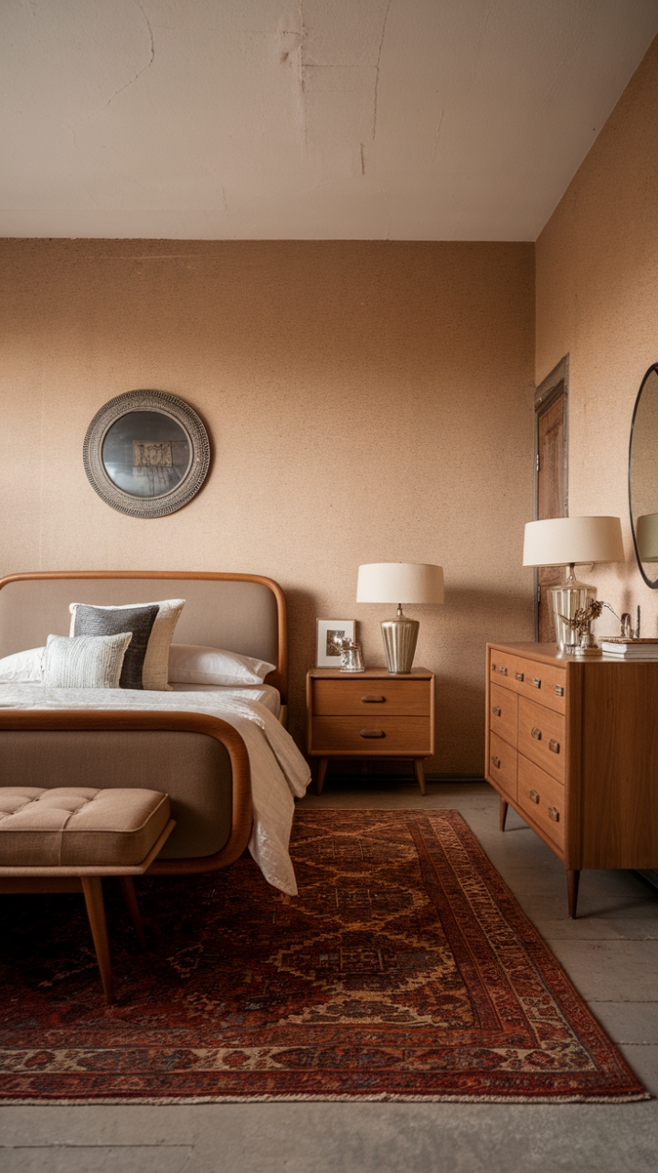 Ready to swoon? This bedroom is a masterclass in modern vintage charm, where the clean lines of mid-century modern meet the soulful warmth of the past. A vintage-inspired bed, complete with a chic headboard and footboard, anchors the space, resting atop a beautifully aged rug that tells a story all its own. Textured beige walls provide a serene backdrop, allowing the carefully curated pieces to shine. A classic nightstand and dresser offer both style and function, each topped with a lamp casting a soft, inviting glow. A vintage mirror adds a touch of glamour, while a decorative piece above the bed provides a final, artful flourish. This is a room designed for dreaming, a perfect blend of comfort and timeless style.