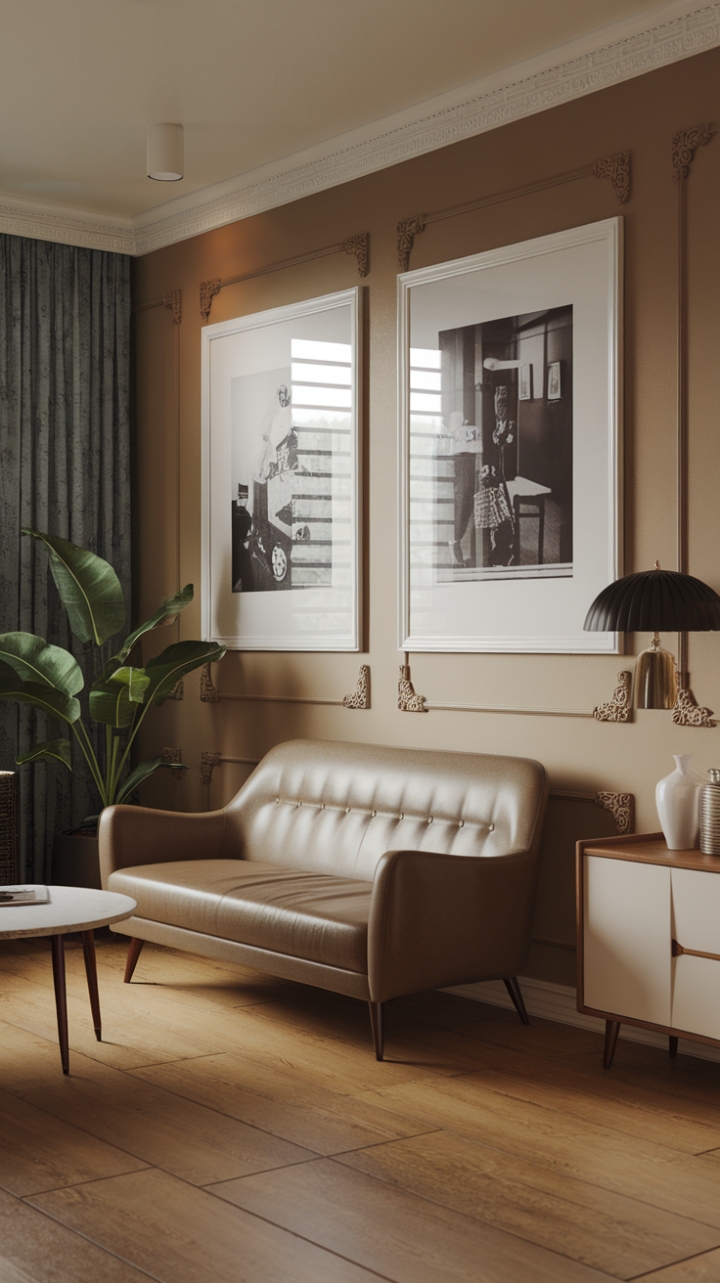Reimagine retro in this exquisitely styled bedroom. Antique furniture, including a graceful beige sofa and a petite white cabinet, mingles seamlessly with modern lines and a neutral palette. Large-scale black and white photography adds a touch of drama, while a vibrant green plant brings life and energy to the space. The result is a sophisticated blend of vintage and contemporary, creating a bedroom that's as comfortable as it is captivating.
