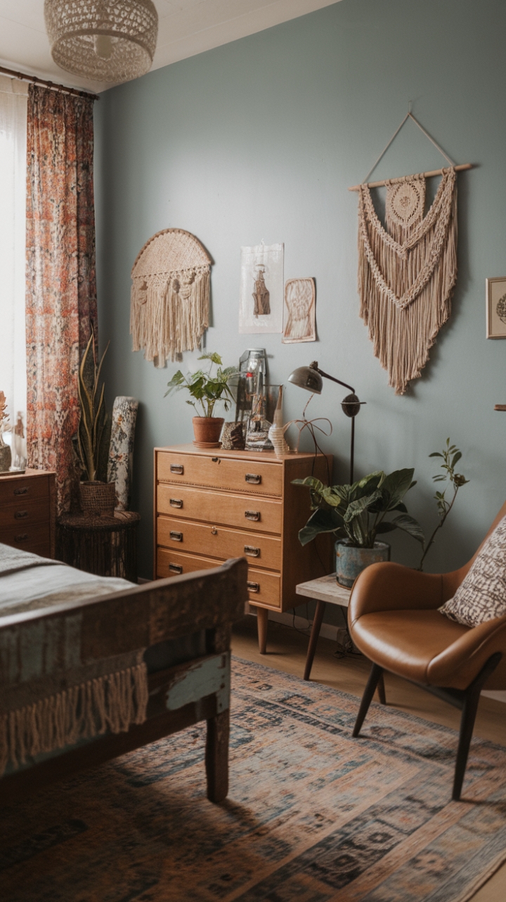 A captivating blend of vintage charm and bohemian flair, this eclectic bedroom invites a sense of cozy wanderlust. The rustic wooden bed anchors the space, complemented by a vintage dresser that adds nostalgic character. A sleek mid-century modern chair introduces a touch of contemporary elegance, while the soft blue walls create a tranquil backdrop. Textural accents like a handcrafted macrame wall hanging, a vintage lamp casting warm glow, and lush greenery from carefully curated plants infuse the room with personality and life. The vintage rug underfoot ties the elements together, crafting a welcoming retreat that celebrates both history and modern style.