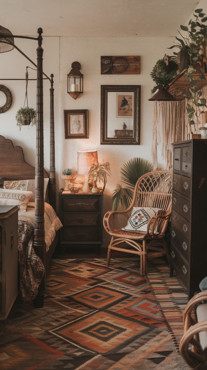 Step into a haven of bohemian bliss! This eclectic vintage bedroom, brimming with character, boasts a four-poster bed, a dark wood dresser, and a charming rattan chair, all nestled upon a patterned rug. Warm lighting, lush plants, and thoughtfully curated wall decor create an inviting and cozy atmosphere, perfect for unwinding after a long day. Every detail whispers a story of collected treasures and cherished memories.
