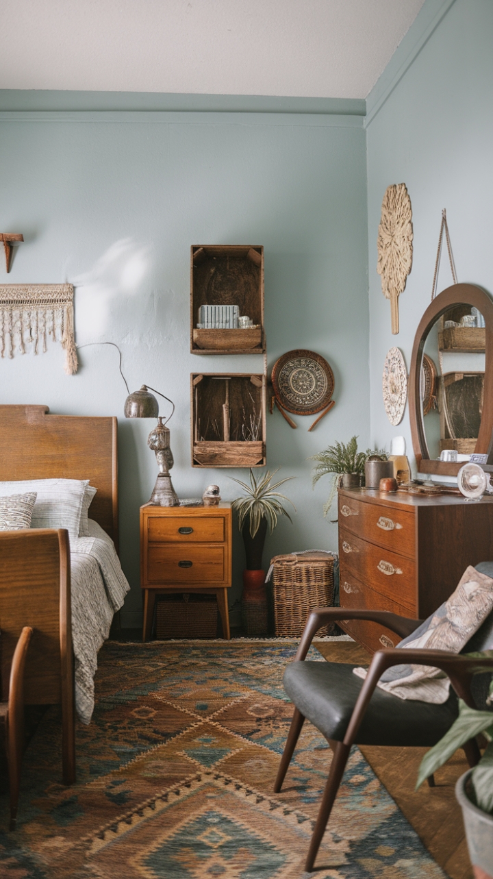 A charming sanctuary that exudes eclectic vintage allure, this bedroom seamlessly blends timeless pieces with bohemian flair. The vintage wooden bed, with its charming headboard and footboard, anchors the space with nostalgic warmth, while the mid-century modern chair introduces a sleek, curved silhouette. Light blue walls provide a soothing backdrop, highlighting antique accents like a vintage lamp, a rustic wooden crate, and a woven wicker basket that add layers of character. The patterned rug grounds the room with visual interest, complemented by lush greenery that breathes life into the space. An inviting haven where history and personality intertwine, this bedroom invites relaxation and creative expression.